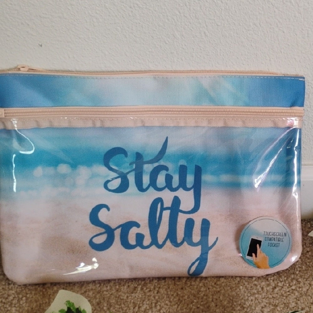 Blue and Tan Swim Bag with Stylish Script Design